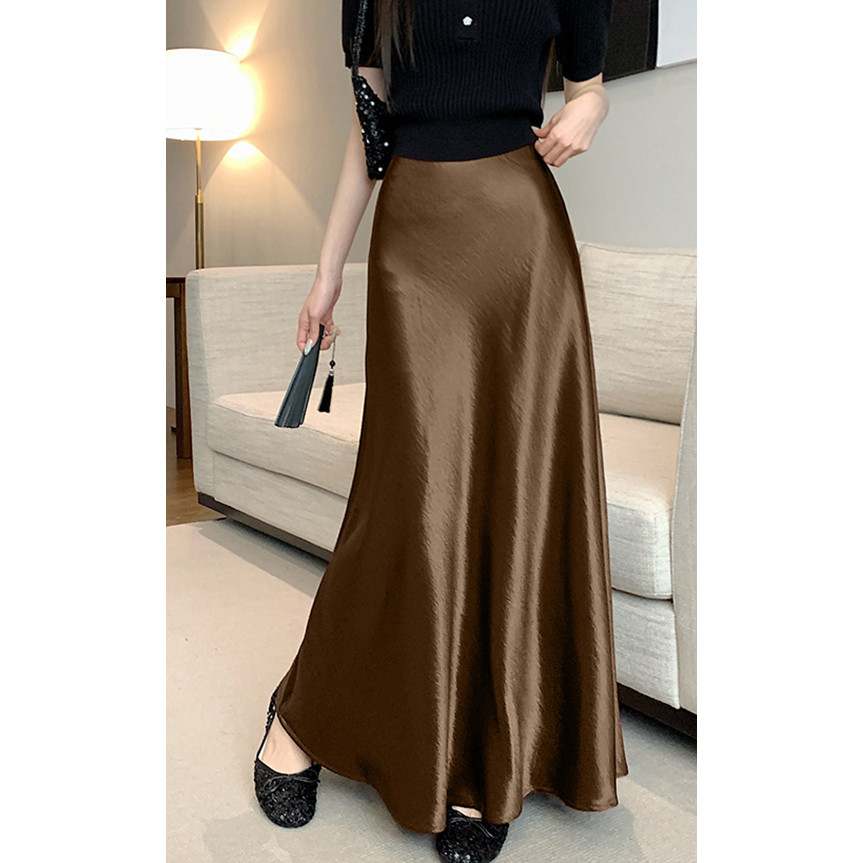 SUXI Váy Midi Satin Mùa Hè Mới Eo Cao Drap Nữ Váy Đuôi Cá Chữ A 260317