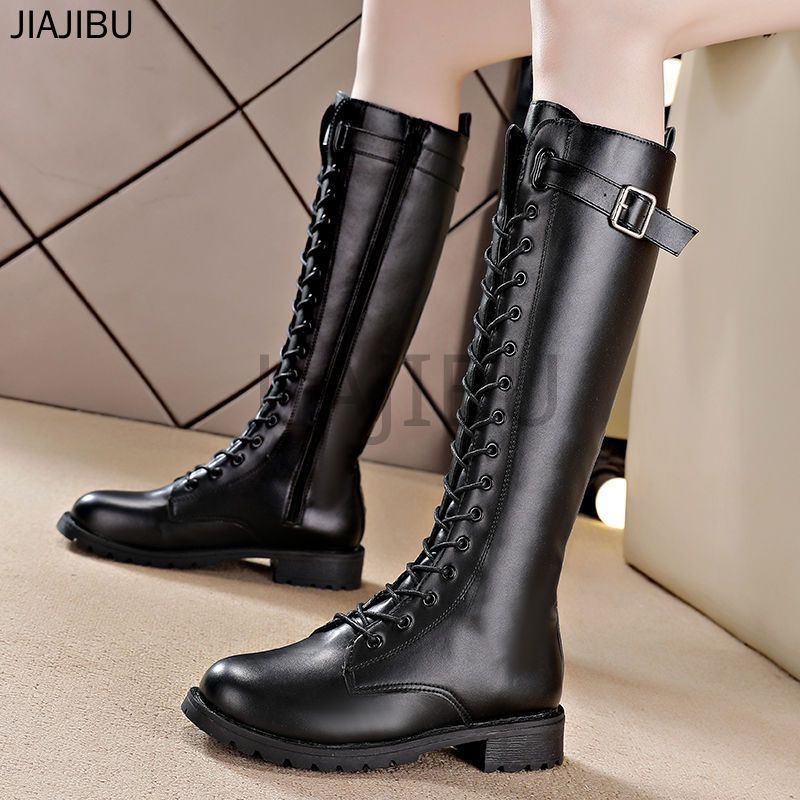 Size 35-43 Giày Bốt Martin Mũi Tròn Màu Đen Chống Trượt Phong Cách Anh Có Dây Buộc Giày Nữ Cỡ Lớn Giày Bốt Dài Gót Dày JK Phong Cách Retro Giản Dị Korean Fashion Platform Zipper Motorcycle Boots Giày Bốt Hiệp Sĩ Cosplay Nhật Bản