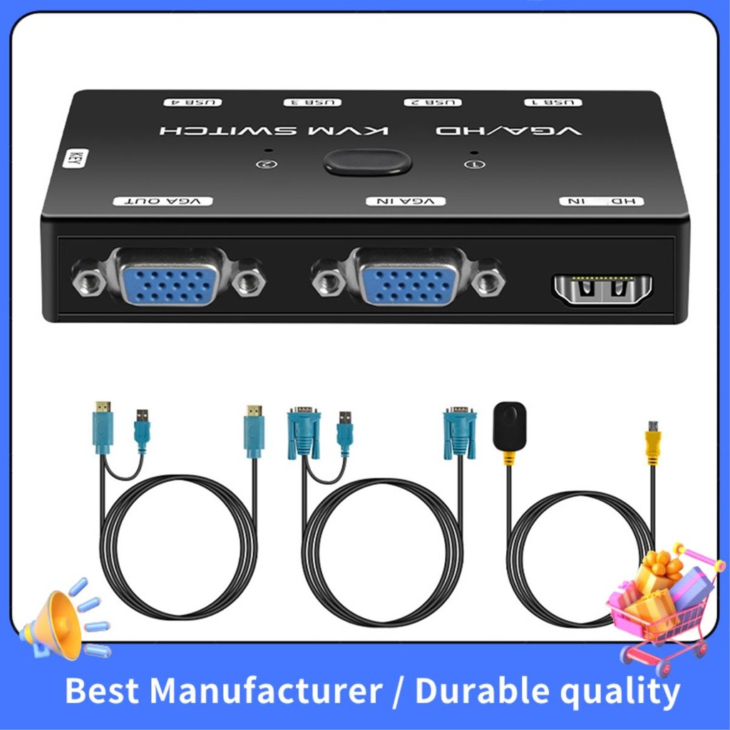 KVM Switch VGA + -Công tắc KVM 1080P tương thích với cổng USB 2.0 cho 2 máy chủ Chuột chia sẻ Màn hình Keyboad Dễ sử dụng
