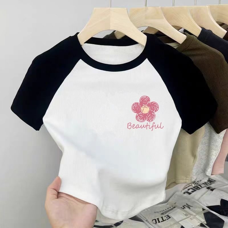 Áo thun Cotton hợp thời trang 2025 cho bé gái Khối màu Raglan Áo sơ mi ngắn tay mùa hè cho trẻ em