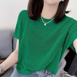 Trạm Châu Âu Mỏng Cổ Tròn Băng Lụa Dệt Kim Đơn Giản Áo Thun Nữ Tay Ngắn Thời Trang 2024 Màu Trơn Top Hợp Thời Trang