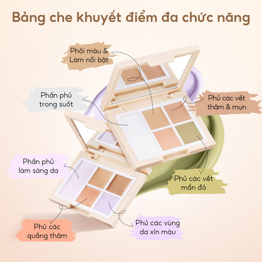 FelinWel - Bảng Che Khuyết Điểm Đa Năng Gồm 2 Tông Màu, Hiệu Chỉnh Màu Da + Phấn Phủ, Kết Cấu Mịn Ẩm, Kèm Cọ Tùy Chọn