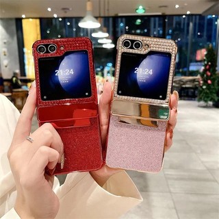 Kim Cương Giả Lấp Lánh Bling Pu Da Viền Ốp lưng Samsung Galaxy Z Flip 6 5 4 3 5G Bản Lề Mạ Mặt Sau Nhựa