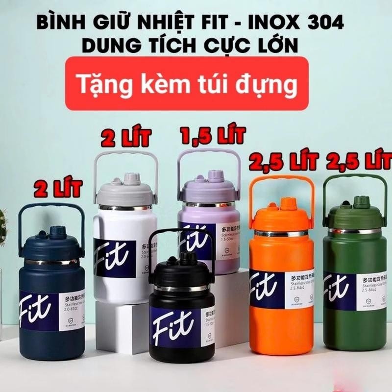 Bình giữ nhiệt dung tích lớn FIT/2000ml/1500ml miệng rộng dáng lùn trên nắp có ống hút tặng túi+cọ rửa