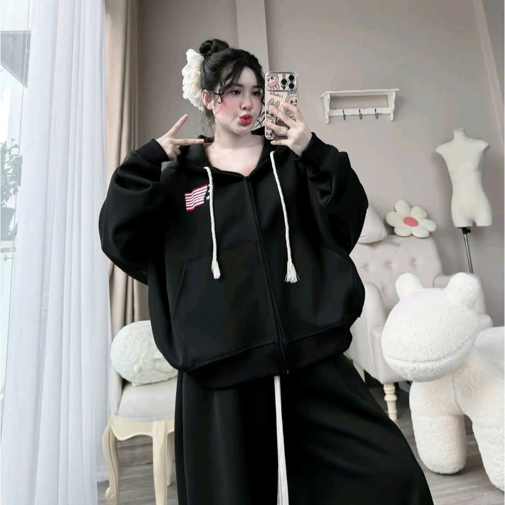 Áo khoác nỉ  Hoodie díp Nỉ Unisex Form Rộng, Áo Hoodie Form - Áo khoác Nhiều Màu Nam Nữ Tay Phồng- Lá Cờ Mỹ