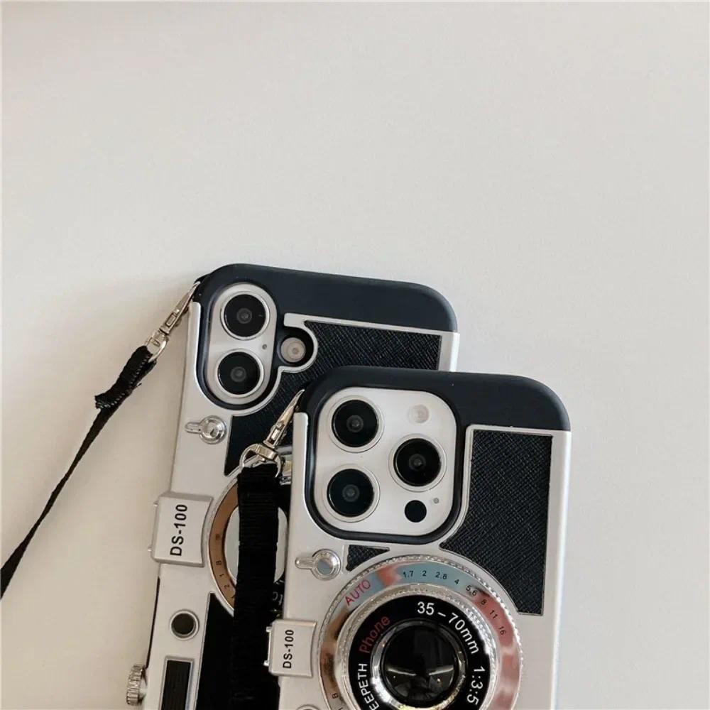 Ốp Điện Thoại Đeo Ngang Camera 3D Retro Cho iPhone 16 Pro Max 15 14 13 11 12 Mini XS Max XR X 7 8 Plus SE 2020 2022 Dây Nhựa Cứng
