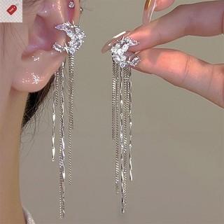ALIK Thời Trang Sáng Bóng Zircon Mặt Trăng Ngôi Sao Dài sel Kẹp Tai Bông Tai Thiết Kế Hợp Thời Trang Nữ Vòng Đeo Tai Dự Tiệc Trang Sức VN