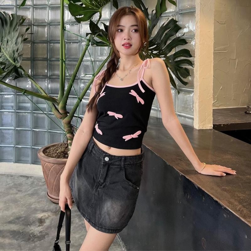 Áo 2 Dây Nữ Viền Kiểu PINKSTORE29 In Họa Tiết Hình Nơ Xinh Xắn A5829