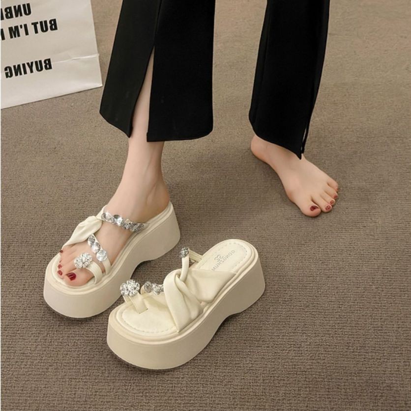 Muffin Đế Dày Tăng Chiều Cao Dép Nữ Mùa Hè Mặc Ngoài 2024 Phong Cách Mới Với Váy Thời Trang Set-Toe Kim Cương Giả Cao Gót 24.11.