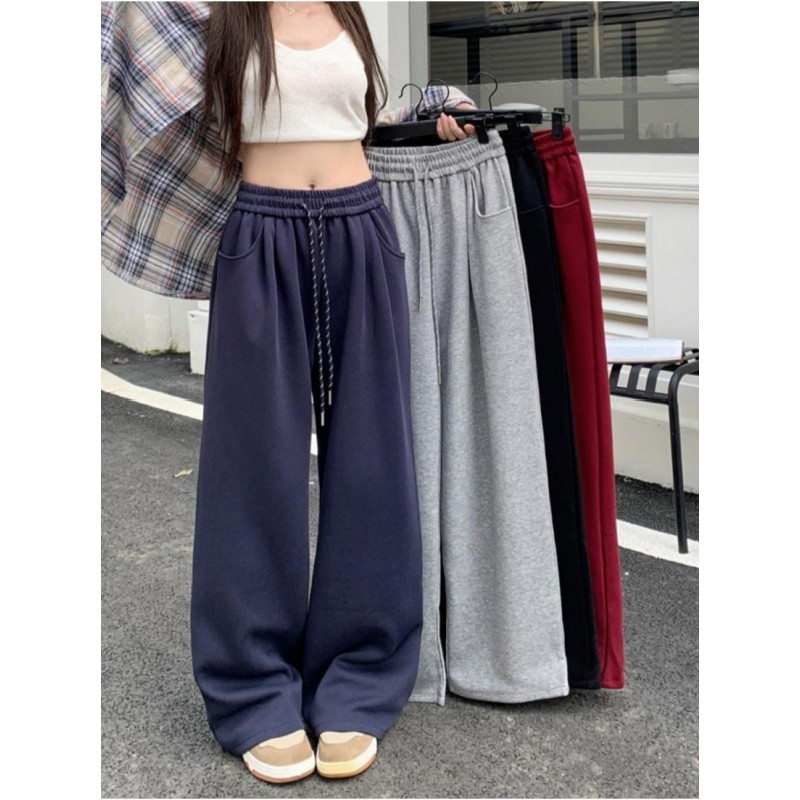 Quần ống rộng quần thường ngày rộng rãi quần giáng sinh nữ quần ống đứng cạp cao mùa thu quần lau sàn