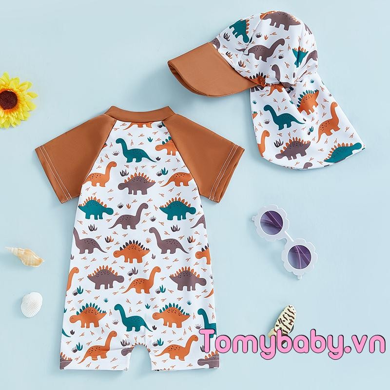 Trẻ mới biết đi Bé trai Rash Guard Đồ bơi in hình khủng long tay ngắn Mock Cổ Zip Bộ đồ tắm có nắp bơi