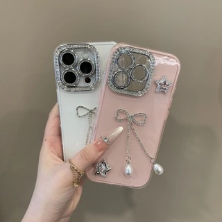 Ốp điện thoại nơ tua rua kim cương giả sang trọng cho iPhone16 15 14 13 12 11Pro Max camera chống sốc đi kèm bảo vệ màng ống kính chống rơi mặt sau mềm