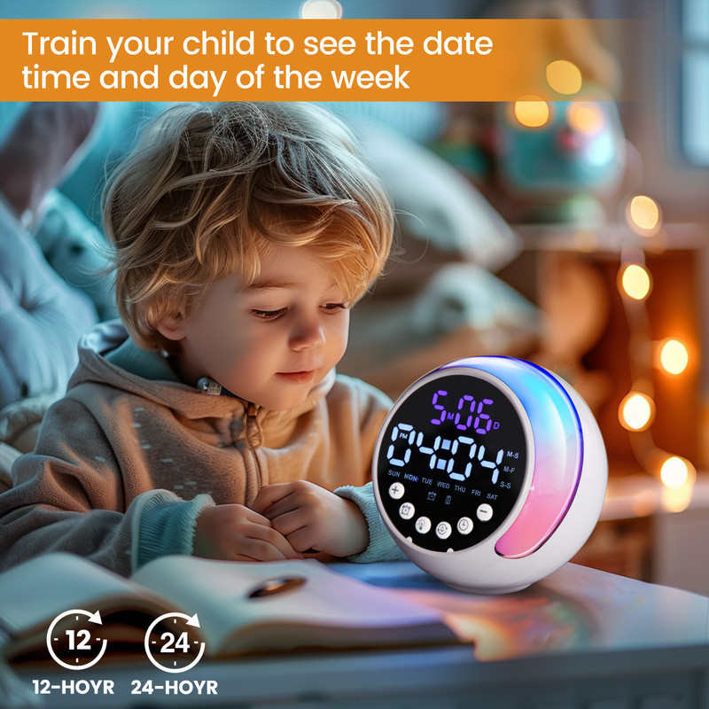 Âm nhạc mới Đồng hồ báo thức LED Đèn xung quanh Đồng hồ đèn LED đánh thức với chế độ hoàng hôn Đèn ngủ hoạt hình trẻ em