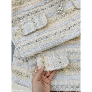 Set áo dạ TWeed sọc xanh tay dài cổ sen cúc đá phối chân váy Tafta trẻ trung năng động thanh lịch _SEP House