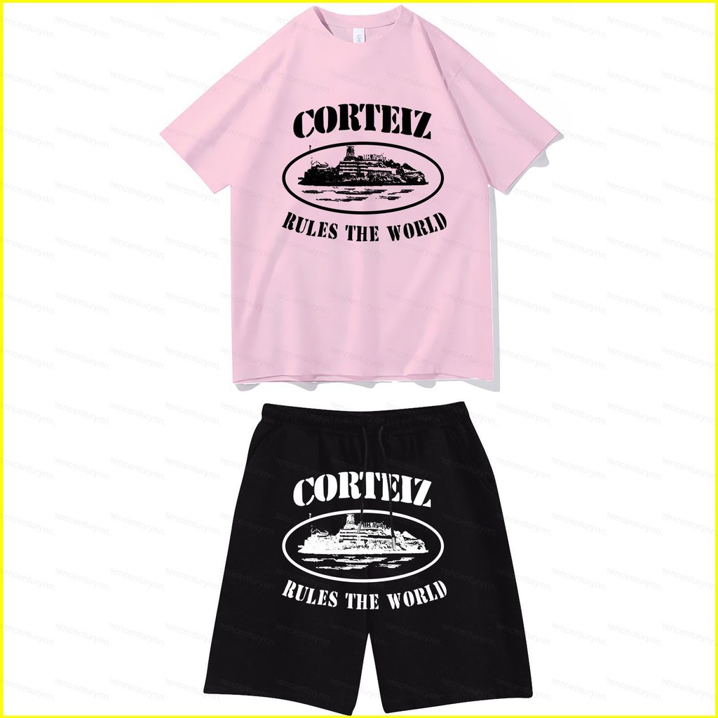 GN 2 Cái / bộ Corteiz in chữ đen dạo phố Y2K quần short áo thun ngắn tay NG