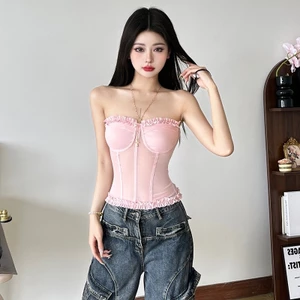 Klalien Gấp Gợi Cảm Áo quây Y2K Chắp Vá Nhìn Xuyên Qua Skinny Xu Hướng Mùa Hè Không Lưng Hoang Dã Cơ Bản Đường Phố Kỳ Nghỉ Sang Trọng Vest