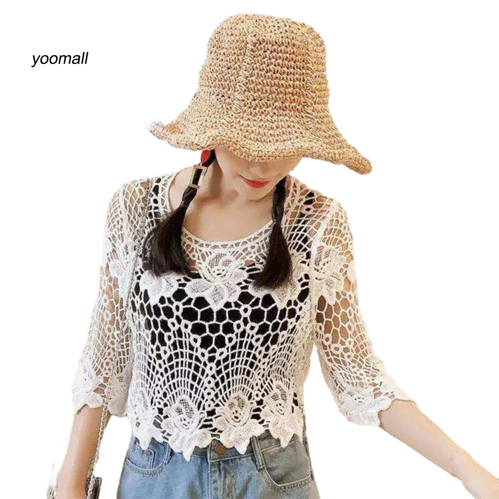 Yo / Nữ Cổ Tròn Áo Ren Chi Tiết Áo Ren Hoa Ren Thêu Che Áo Cho Nữ Thời Trang Cổ Tròn Nửa Tay Lỏng Lẻo Phù Hợp Với Áo Chui Đầu Thời Trang Đông Nam Á