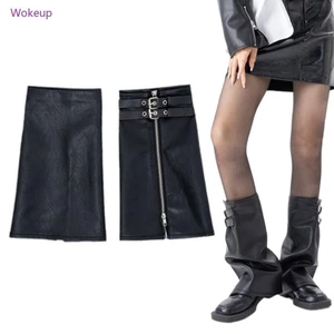 Women Y2K Harajuku Punk Black PU Leg Warmer Eyelet Strap Flare Leg Sleeve