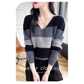 Mùa Thu Đông Cổ Màu-Block Cổ Chữ V Áo Len Nữ Phong Cách Mới Phong Cách Ngắn Rời Phong Cách Phương Tây Tay Dài