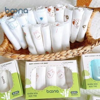 Hộp 5 Khăn Sữa Sợi Tre Hai Lớp Hàng Chính Hãng Boona Cao Cấp Chất Vải Mềm Mịn Thấm Hút Tốt Size 30x30cm