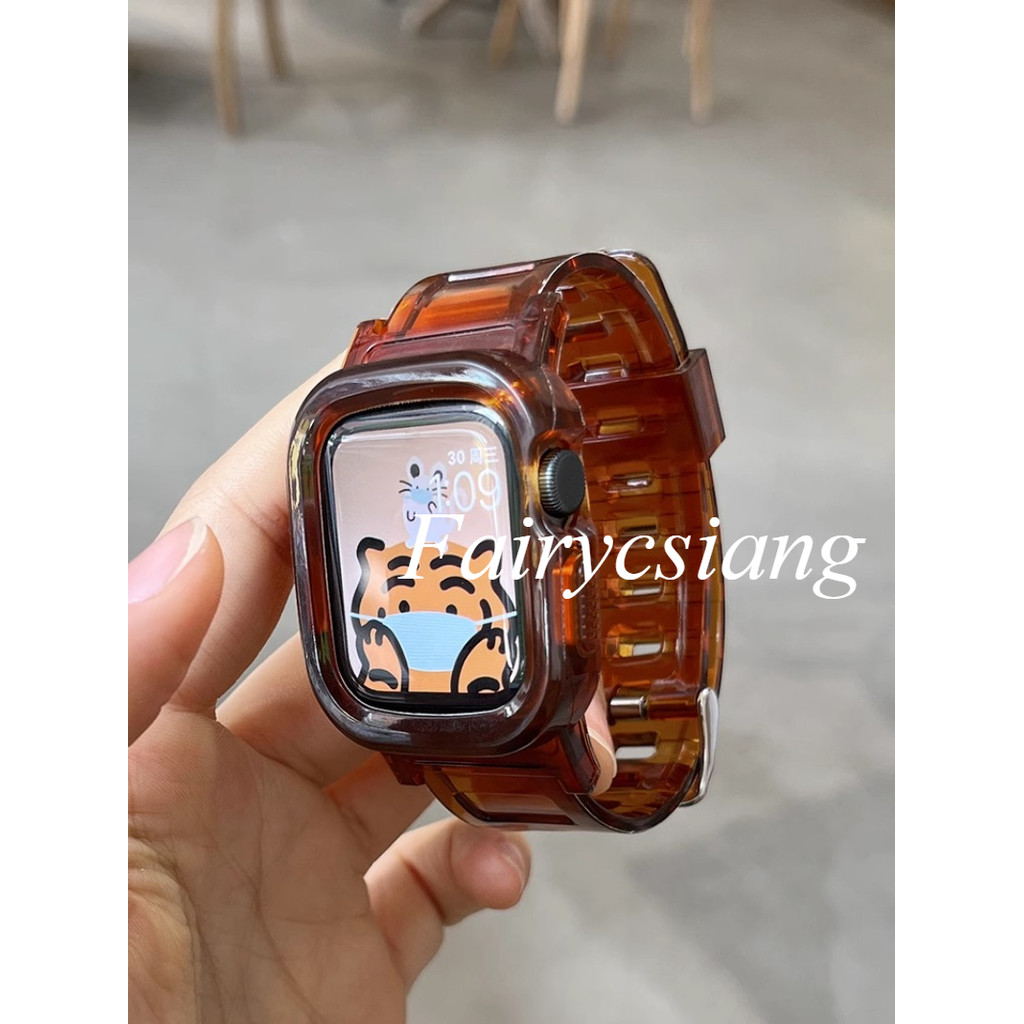 Dây đeo trong suốt + Vỏ cho Apple Watch Series 9 8 7 6 SE 5 45mm 44 42mm 41mm Trong suốt cho dây đeo nhựa iwatch 2 3 38 40mm