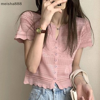 Meisha888 Mùa Hè Hàn Quốc Rỗng Ra Dệt Kim Áo Thun Nữ Cổ Chữ V Tay Ngắn Ôm Crop Top Đẹp