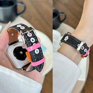Dây đeo thời trang bằng da Denim hoa tươi nhỏ dành cho nữ cho Apple Watch 46 / 44 / 40 / 49 / 45 / 41 / 42 / 38 / 45mm iwatch Series Ultra / 10 / 9 / 8 / 7 / 6 / 5 / 4 / 3 / 2 / 1 / SE
