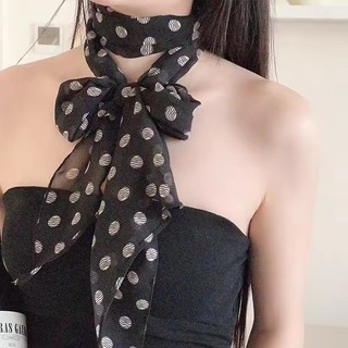 Khăn lụa chấm bi nâu đa năng voan mềm cho nữ, dùng làm khăn cổ/ruy băng