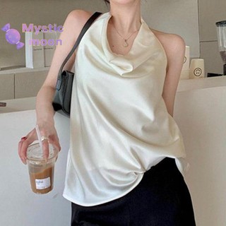 [Mystic] Áo ba lỗ Satin gợi cảm kiểu Pháp dành cho nữ có cổ xoay sang trọng không tay dáng rộng [Mới]