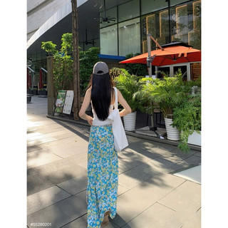 (Hàngl1)Set đồ đi biển 2 món áo cúp ngực rút dây ôm body phối chân váy xanh hoa nhí dáng dài cute dễ thương _SEP House