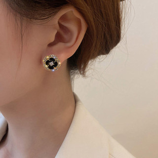 Phong Cách Hồng Kông Ánh Sáng Sang Trọng Đơn Giản Đính Kim Cương Màu Đen Hai Lớp Bông Tai Hoa Hồng Niche Tính Khí Độc Đáo Cao Cấp