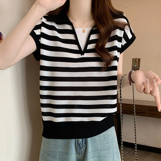 Size Lớn Giả Hai Mảnh Sọc Ngắn Tay Áo Thun Nữ Mùa Hè Béo mm Bao Bụng Mỏng Hơn Nhìn Băng Lụa Dệt Kim v @