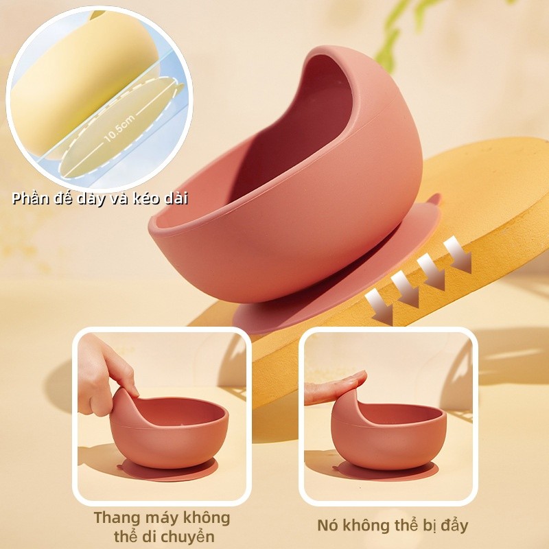 Bát ăn dặm silicone cho bé từ 5 tháng, Kèm Thìa Gỗ, Đế hít chống trượt đổ, An Toàn, Dễ Vệ Sinh