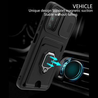 Dành Cho Xiaomi POCO M3 / Redmi 9T Ốp Lưng 4 Trong 1 Trượt Camera Bao Đựng Thẻ Đứng Vuông Freebie Dây Chống Sốc Chống Rơi Mỏng Mềm TPU Cover