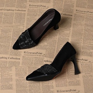 Giày Cao Gót Mũi Nhọn Nữ Slip-On Nông Miệng Kim Cương Giả