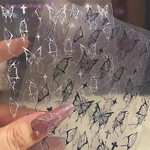 Bạc Đen Trắng 3D Dán Móng Tay Ngôi Sao Kim Loại Dính Chữ Thập Thanh Trượt Bọc Gel Làm Móng Tay Đề Can Ba Lan [Làm Đẹp]