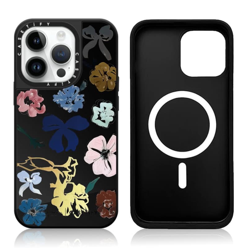 CASETiFY X Reverie của Caroline Hu Flower Case Hút từ tính Vỏ IPhone Gương đen & bạc IPhone 16 15 14 13 12 Pro Max Plus Ốp điện thoại cứng có hộp khắc logo