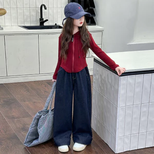 Quần áo bé gái Mùa thu phiên bản Hàn Quốc Quần dệt kim ngắn + Quần ống rộng Bộ đồ hai mảnh 5-15 tuổi