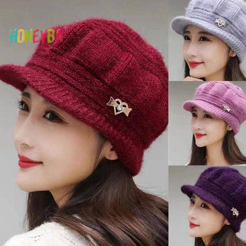 < Honeyba > Len Mũ Thời Trang Nữ Sang Trọng Dệt Kim Bảo Vệ Tai Gió Màu Trơn Bầu Không Khí Đơn Giản Mùa Thu Đông Mũ Ấm Áp