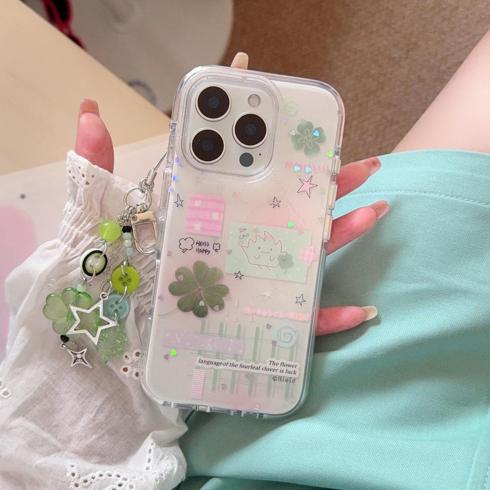 Ốp lưng cứng Tương thích với iPhone 13 13Pro 13ProMax 14 14Pro 14ProMax 15 15Pro 15ProMax 16 16Pro 16ProMax 17 17Pro 17ProMax Ốp họa tiết cỏ ba lá lấp lánh tình yêu