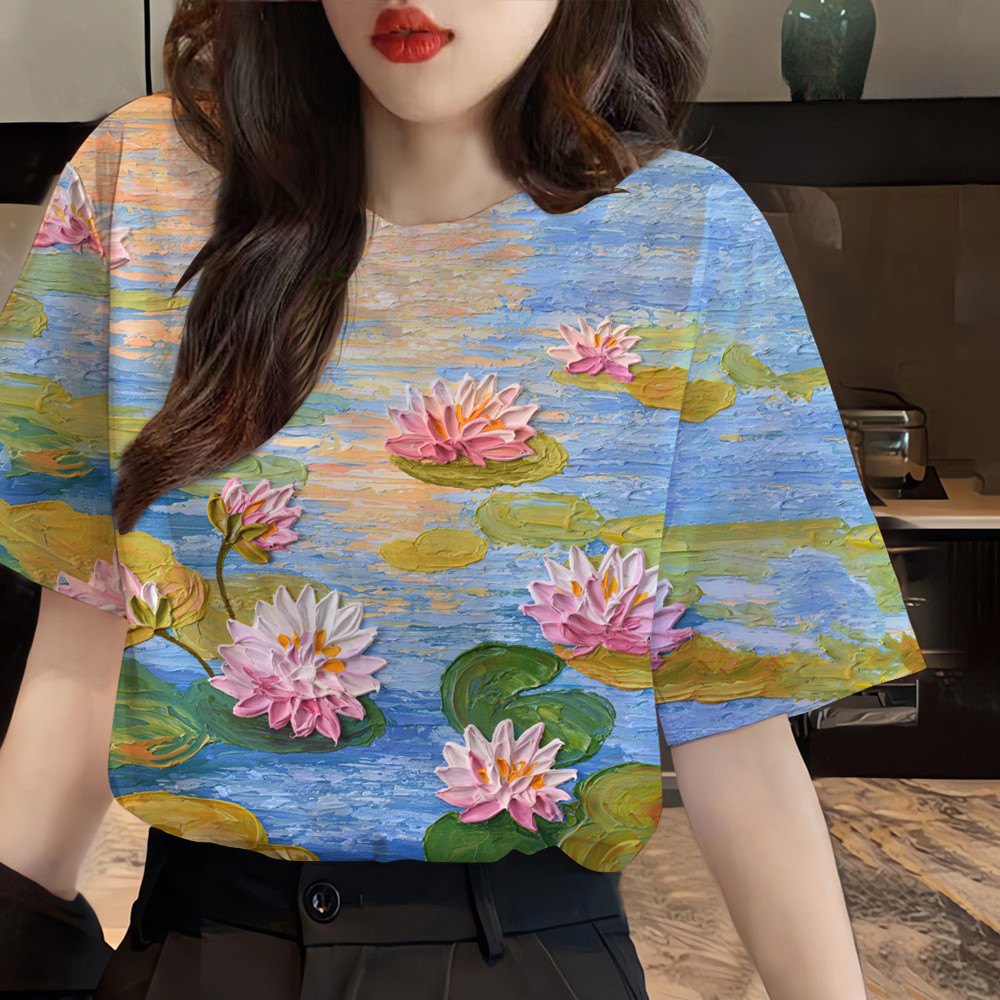 Áo thun ngắn tay in hoa màu sắc đa năng cho phụ nữ, cổ tròn, kích thước lớn, phong cách thoải mái