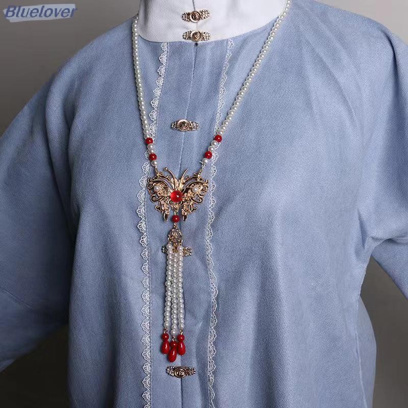 Bluelover Phong Cách Dân Tộc Rỗng Khắc Túi May Mắn Mặt Dây Chuyền Xanh Giả Ngọc Handmade Đính Hạt Vòng Cổ Dài Mới