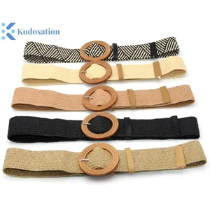 Kudosation Mùa Hè Nữ Thắt Lưng Co Giãn Khóa Tròn Vintage Boho Rơm Dệt Thắt Lưng Đầm