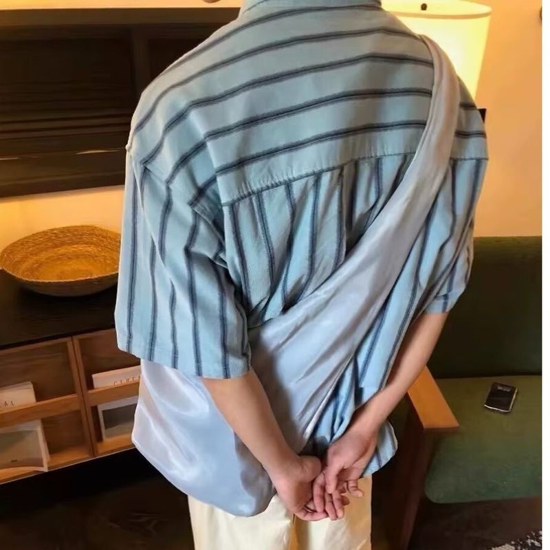 ThaliaWisp Unisex Retro Sọc Áo Sơ Mi Tay Ngắn Rời Áo Sơ Mi Cặp Đôi Hợp Thời Trang Áo Khoác