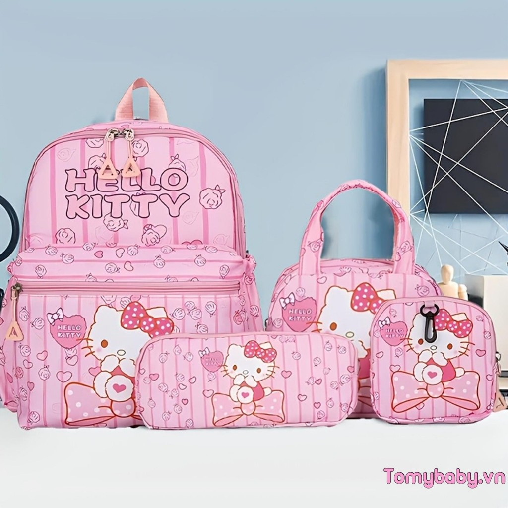 Bộ Kitty Đa Năng 4 món: Ba Lô, Túi Ăn Trưa, Túi Đựng Bút, Túi Sách Dây Kéo Dung Tích Lớn Cho Bé Gái