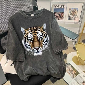 2025 Grunge Wash Tee Cho Nữ Vintage Quá Khổ Thời Trang Thường Ngày Với Phong Cách Cổ Tròn