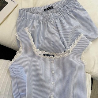 Quần áo ngủ RISEDOT không tay, bộ đồ ngủ sọc xanh với ren thoải mái, phù hợp cả người lớn và bé gái