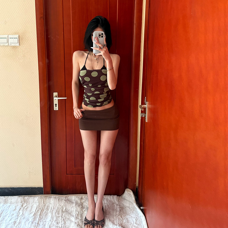 Klalien Casual 2 Bộ Không Tay Lưng Không Dây Dây In Điểm Vest + Màu Trơn Quấn Hông Skinny Váy Mùa Hè Hot Chick Gợi Cảm Phụ Nữ Mới