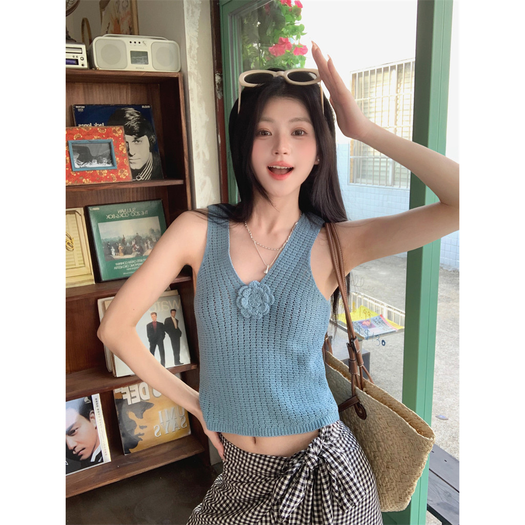 Áo camisole đan cổ V cho phụ nữ, áo khoác ngoài không tay ôm sát màu xanh mùa hè
