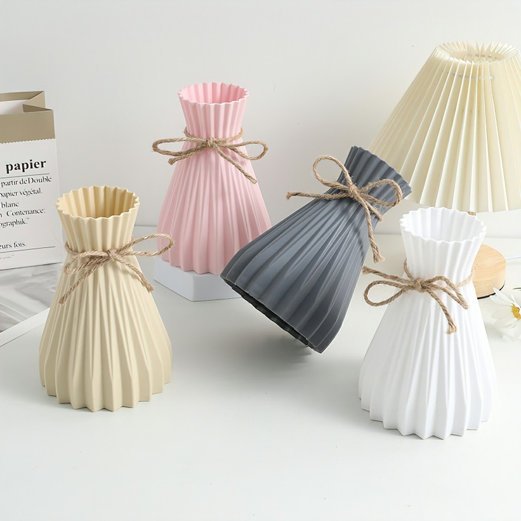 Bình hoa lọ hoa nhựa dáng Origami thắt lưng giả gốm decor phong cách bắc âu họa tiết sọc đơn giản hiện đại sẵn dây gai
